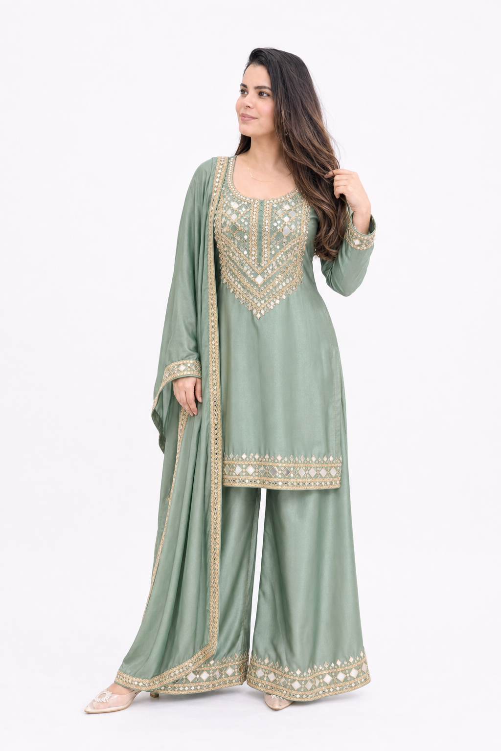 Mirror Work Embroidered Palazzo Suit Set with Dupatta