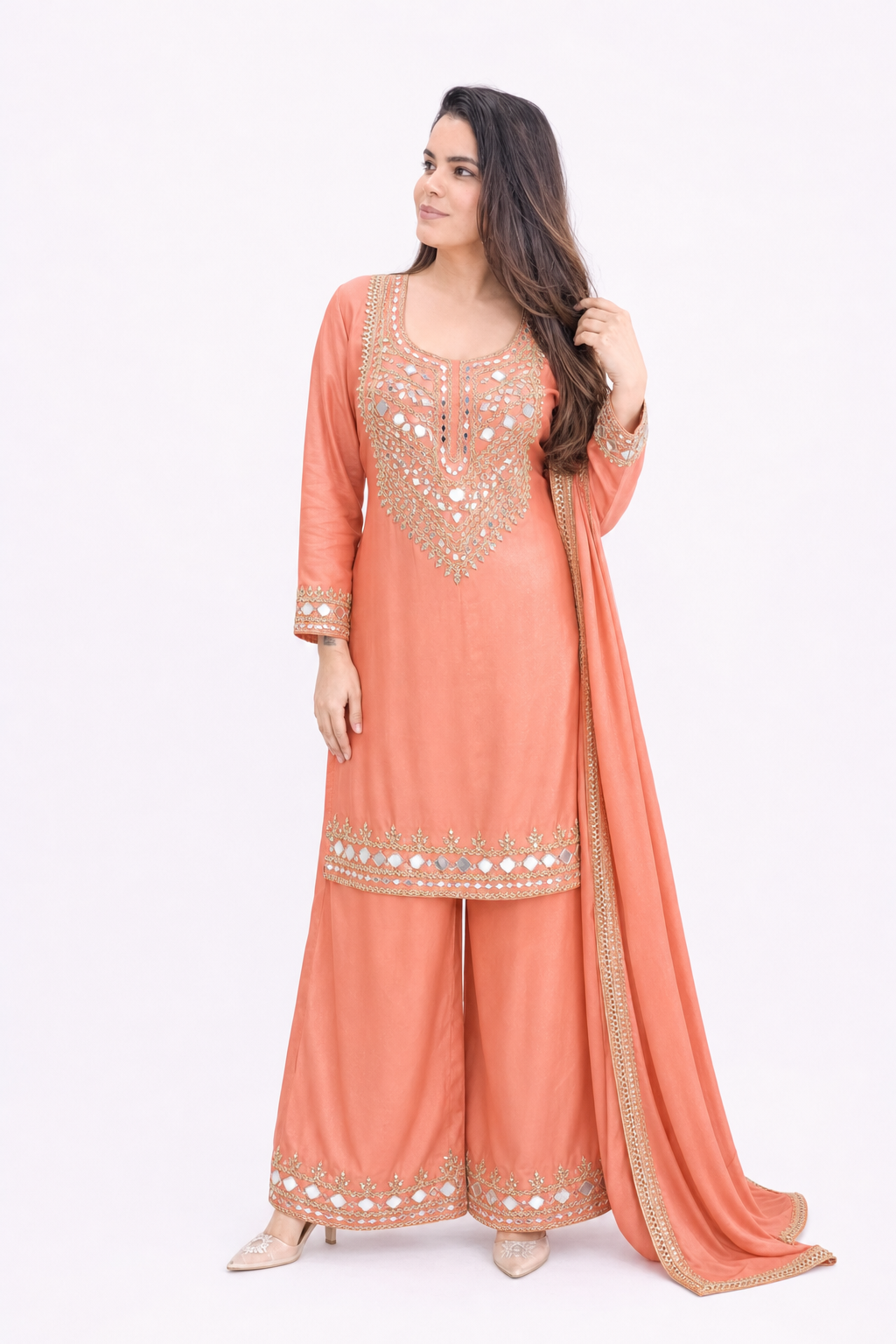Mirror Work Embroidered Palazzo Suit Set with Dupatta