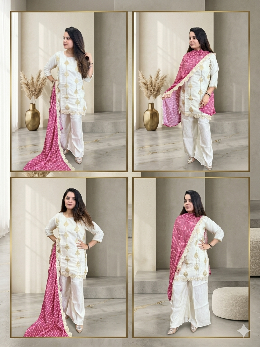 Ivory Bandhani Co-ord Set with Pink/Blue Dupatta (Optional)