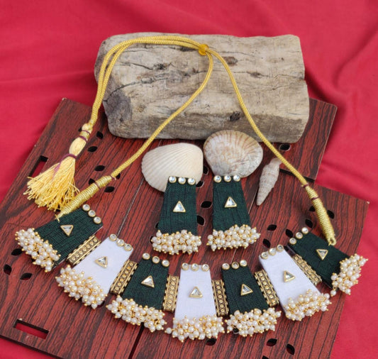 Green & White Fabric Kundan Choker Necklace Set
