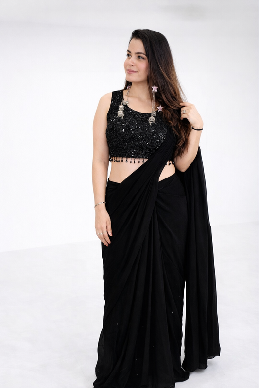 Black Pre-Pleated Saree with Embellished Blouse