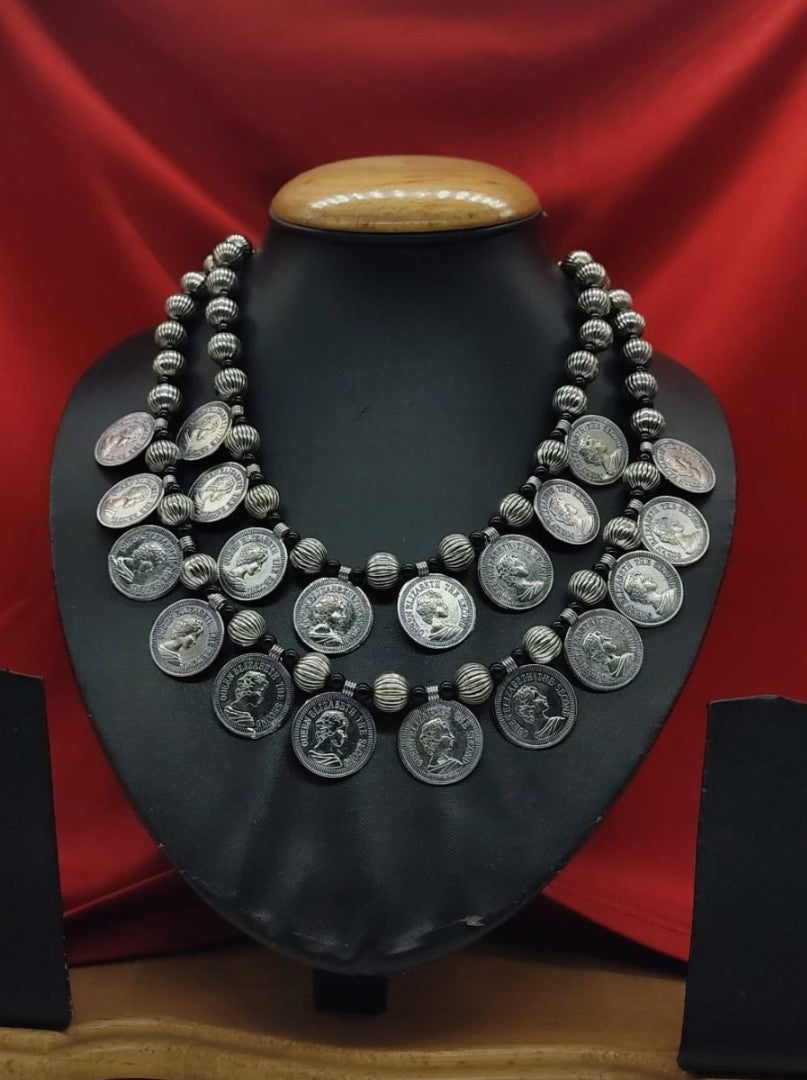 German Silver Kolhapuri Bead 2-Layer Coin Necklace