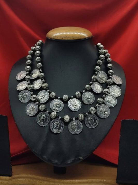 German Silver Kolhapuri Bead 2-Layer Coin Necklace