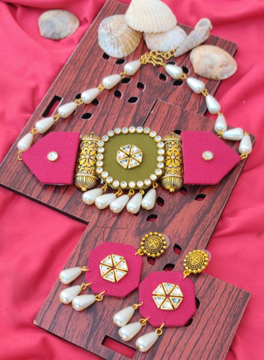 Handmade Pink Fabric Kundan Stone Pearl Choker Necklace Set