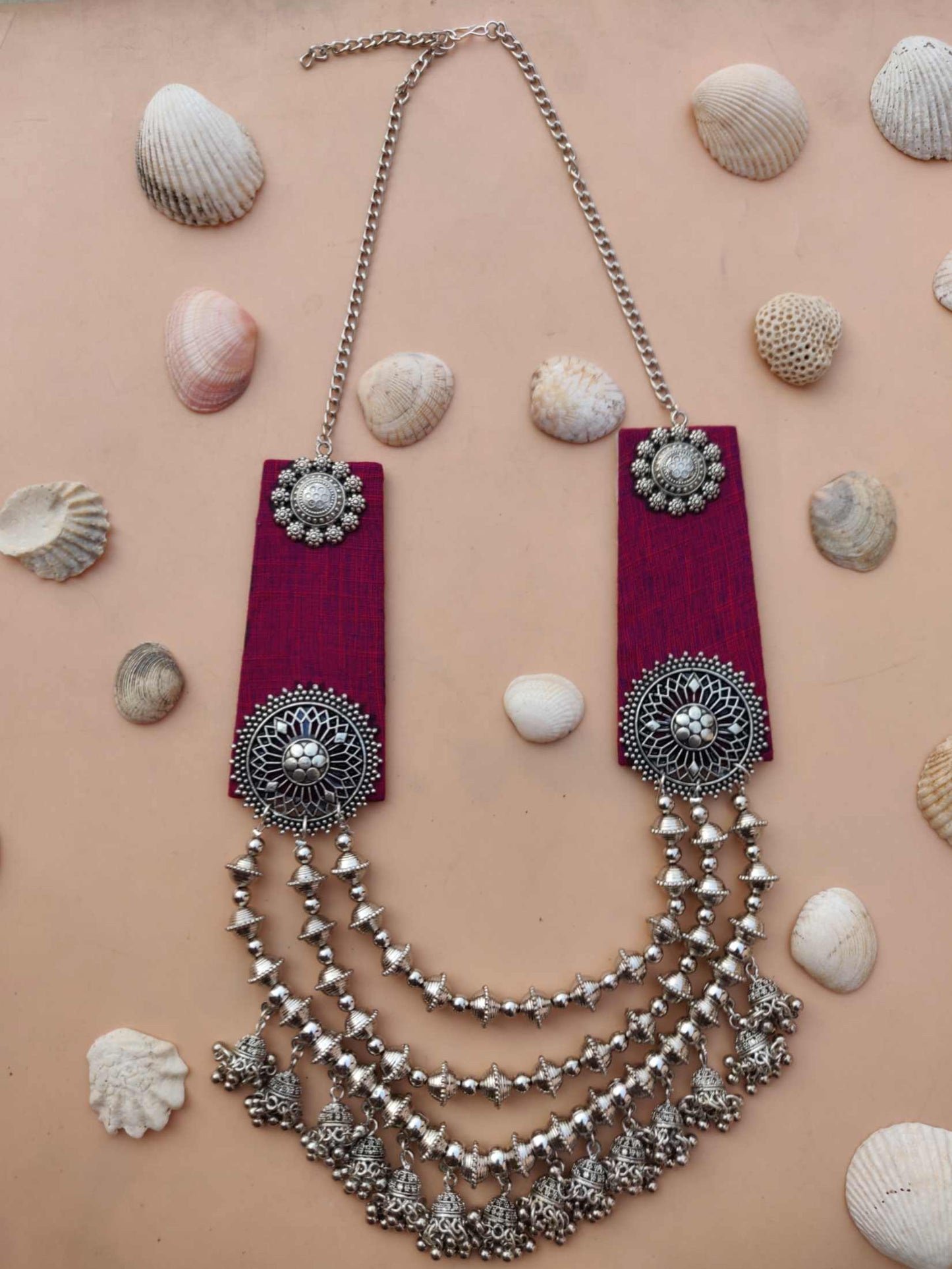 Handmade Pink Fabric Silver Bead 3-Layer Necklace with Tortoise Charm