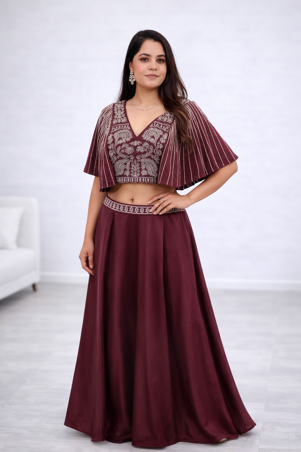 Mehroon Embroidered Crop Top & Skirt Set