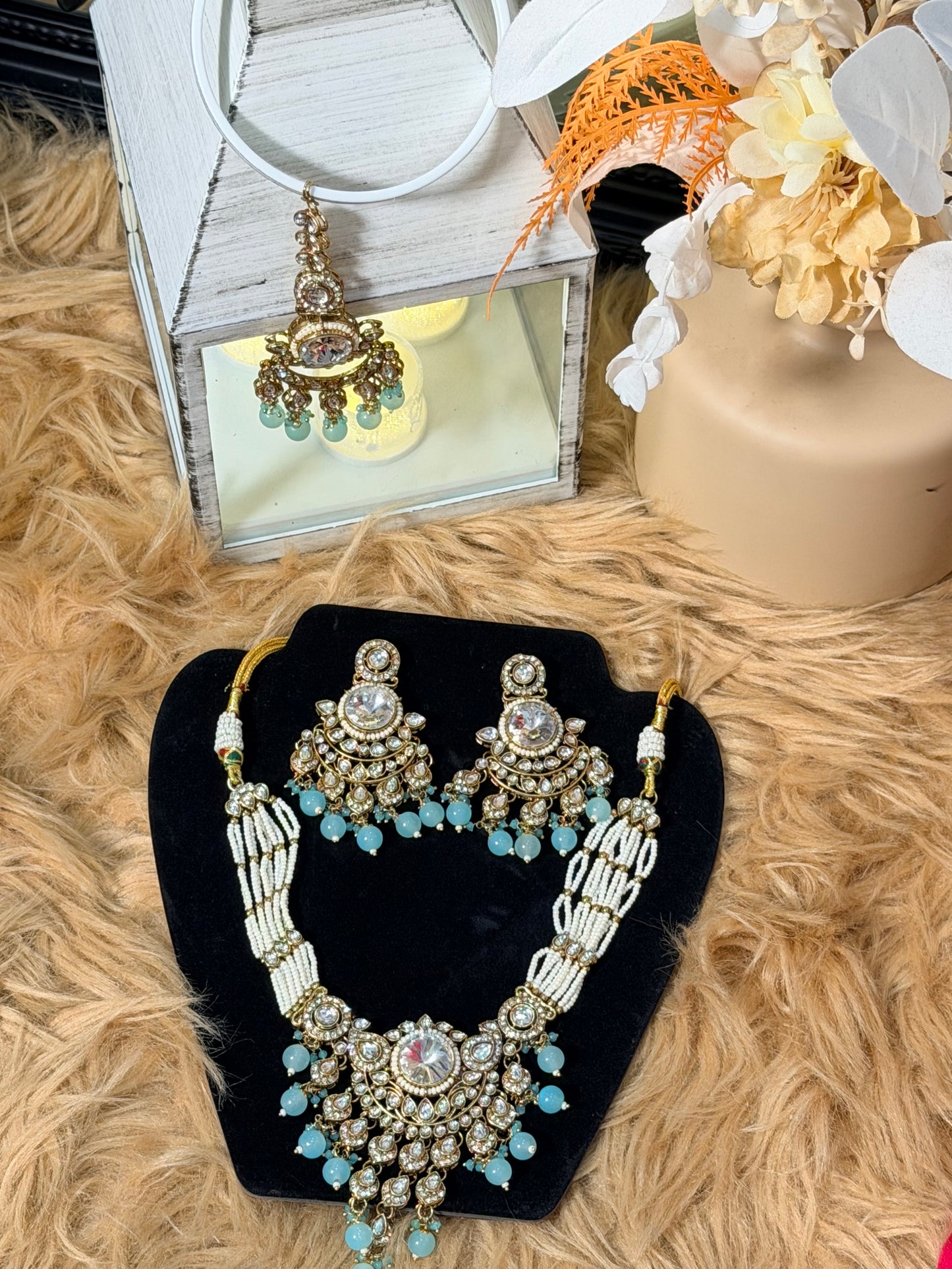 Mint Aqua Polki Necklace, Chandbali & Tikka Set