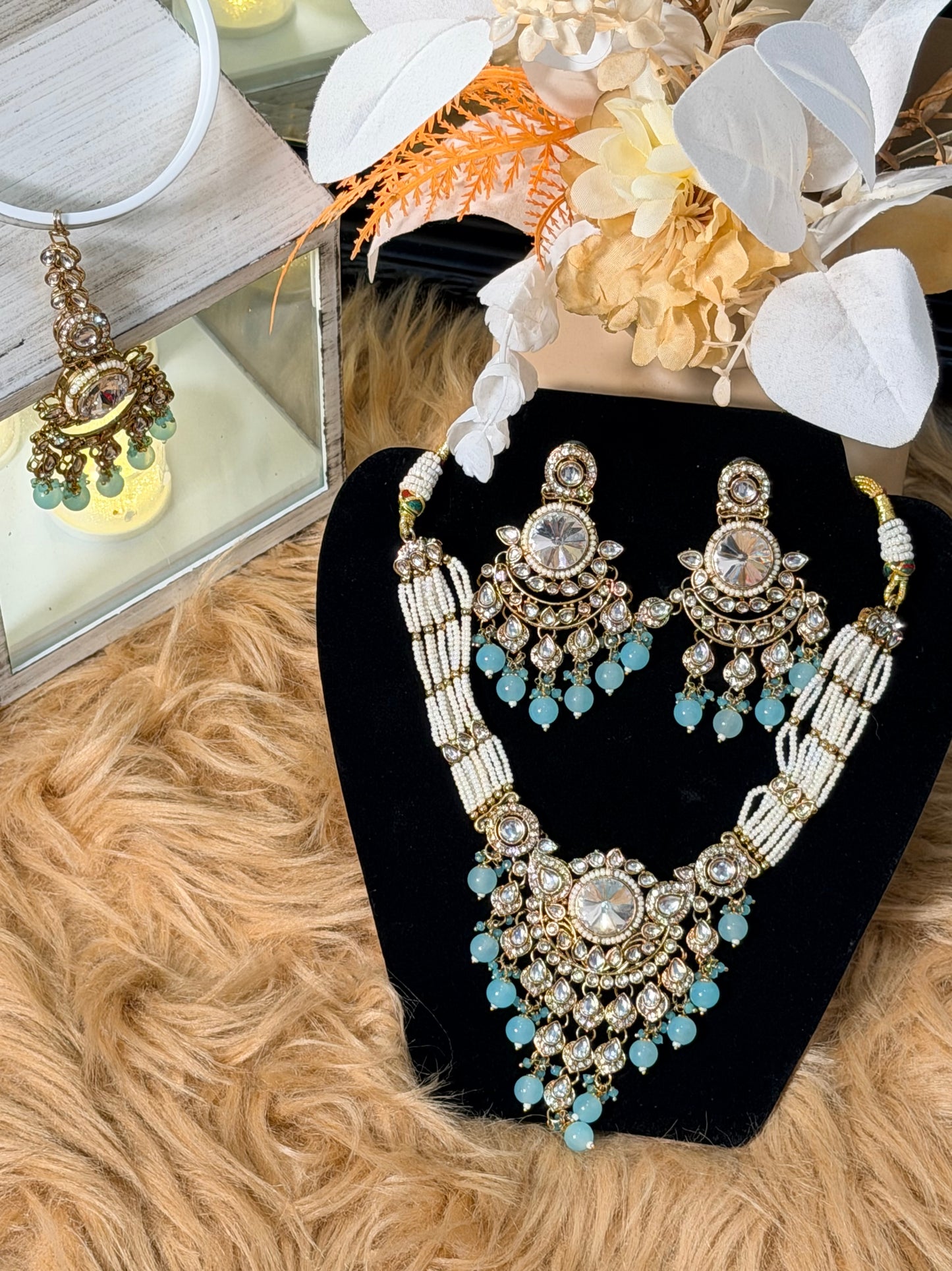 Mint Aqua Polki Necklace, Chandbali & Tikka Set