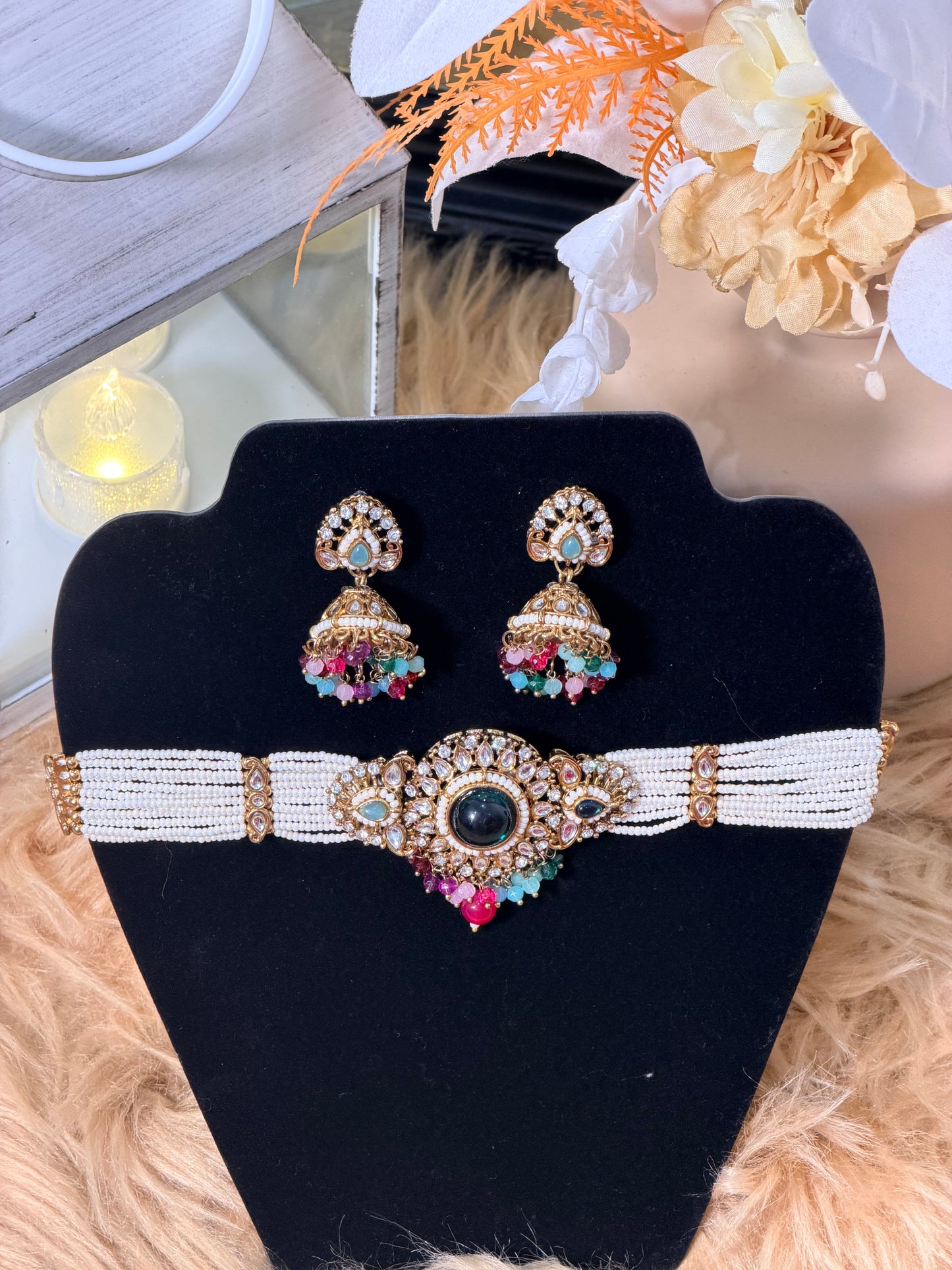 Multicolour Pearl Choker, Jhumka & Tikka Set