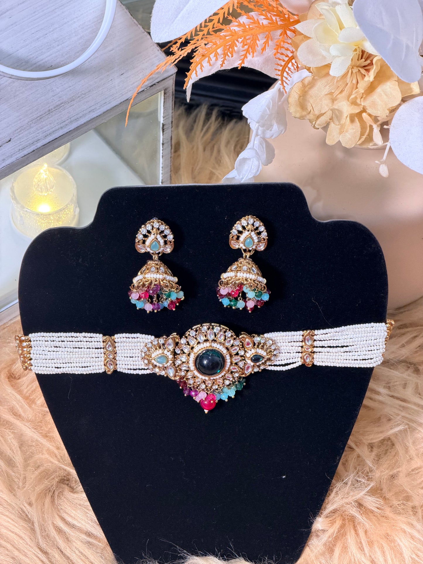 Multicolour Pearl Choker, Jhumka & Tikka Set