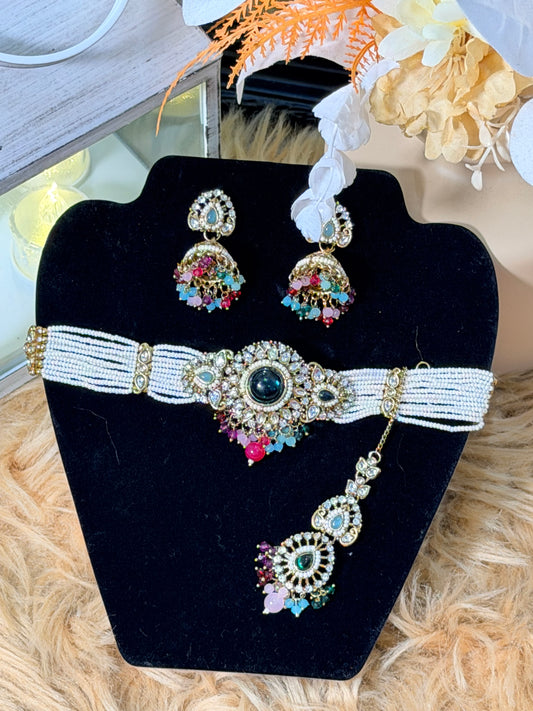 Multicolour Pearl Choker, Jhumka & Tikka Set