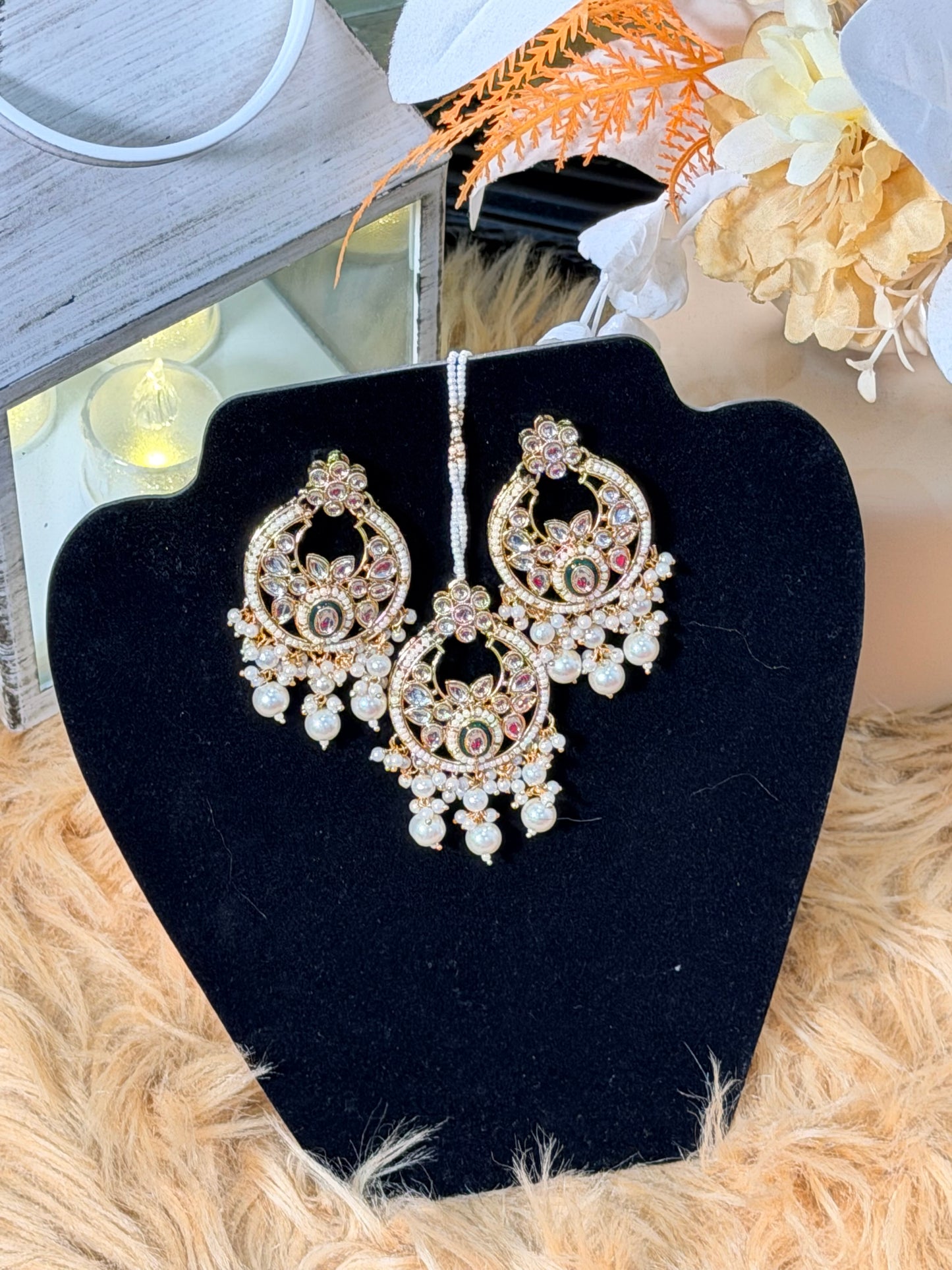White Pearl Choker, Chandbali & Tikka Set