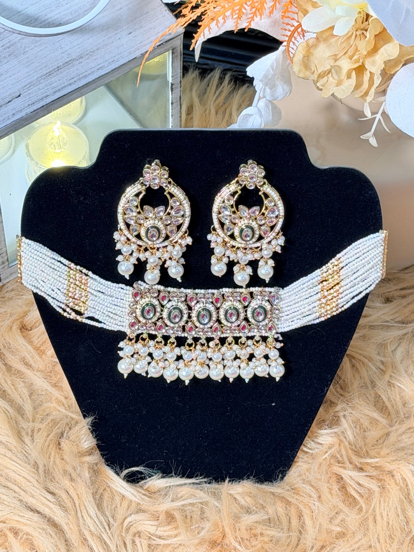 White Pearl Choker, Chandbali & Tikka Set