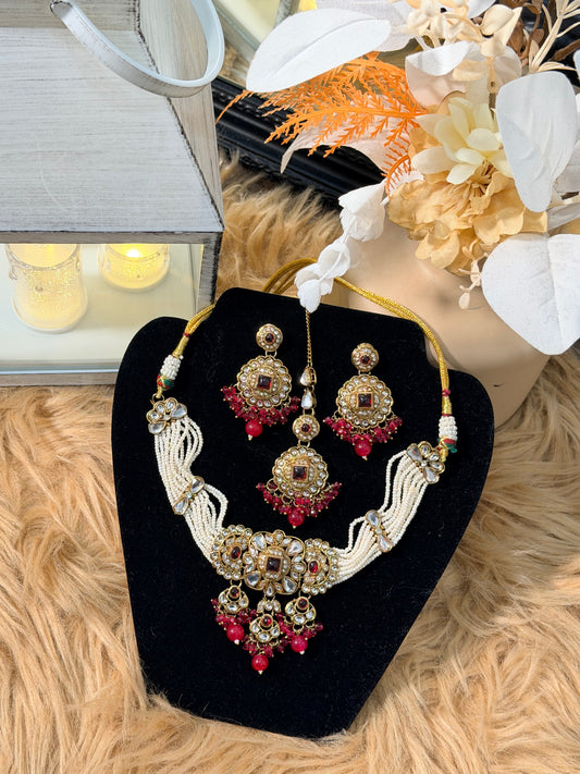 Ruby Red Polki Pearl Necklace, Chandbali & Tikka Set