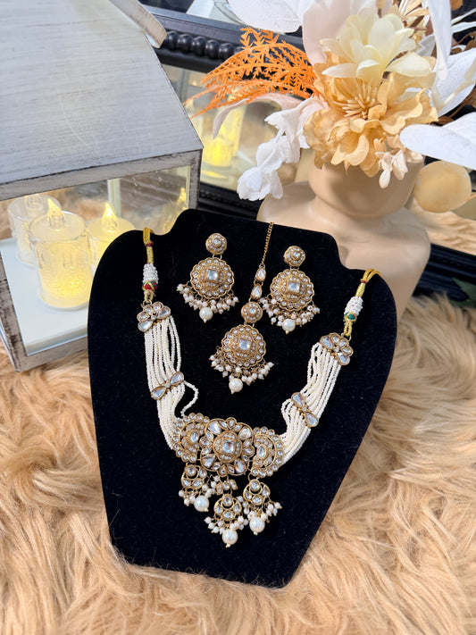 White Pearl Polki Choker, Chandbali & Tikka Set