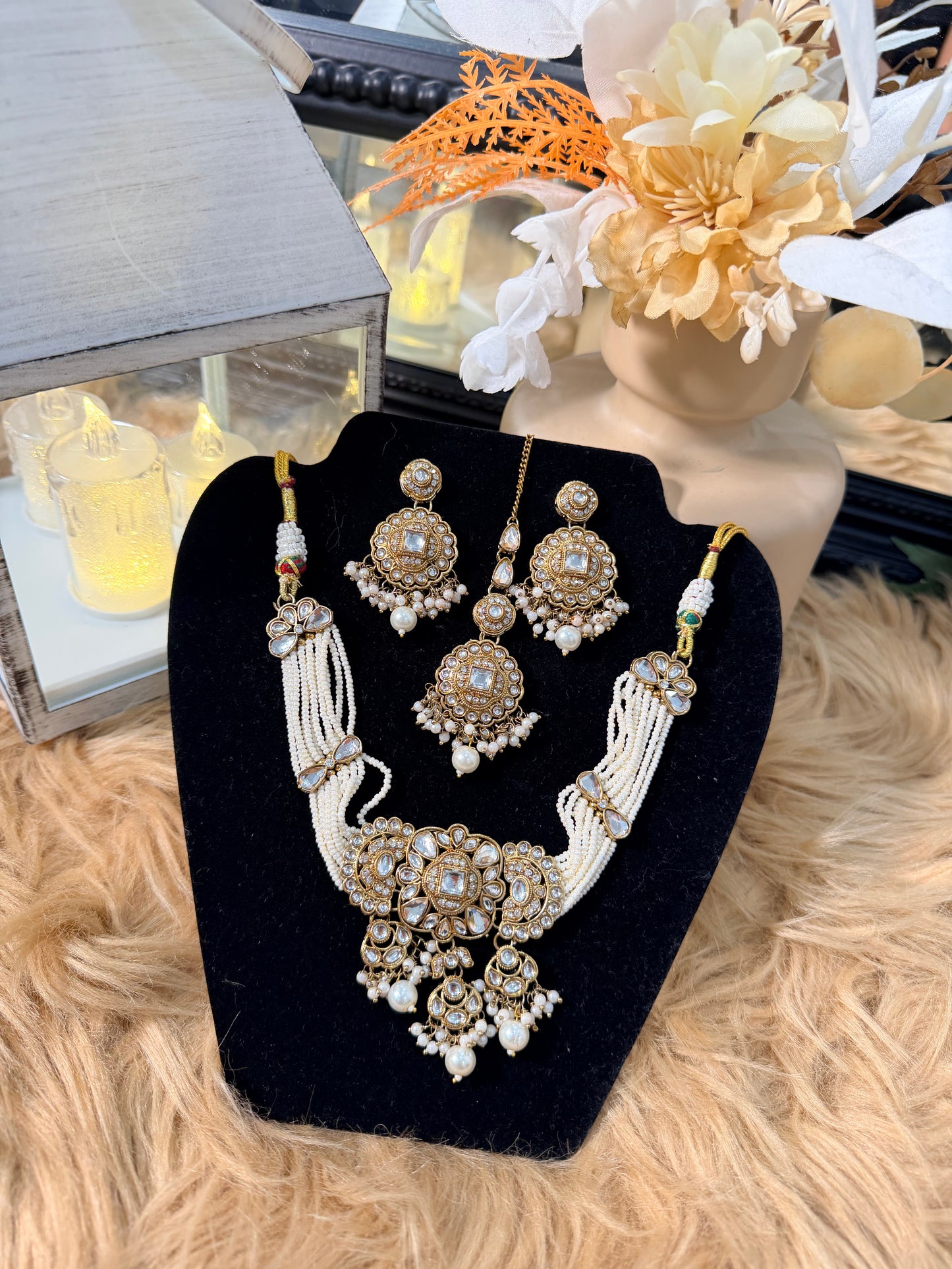 White Pearl Polki Choker, Chandbali & Tikka Set