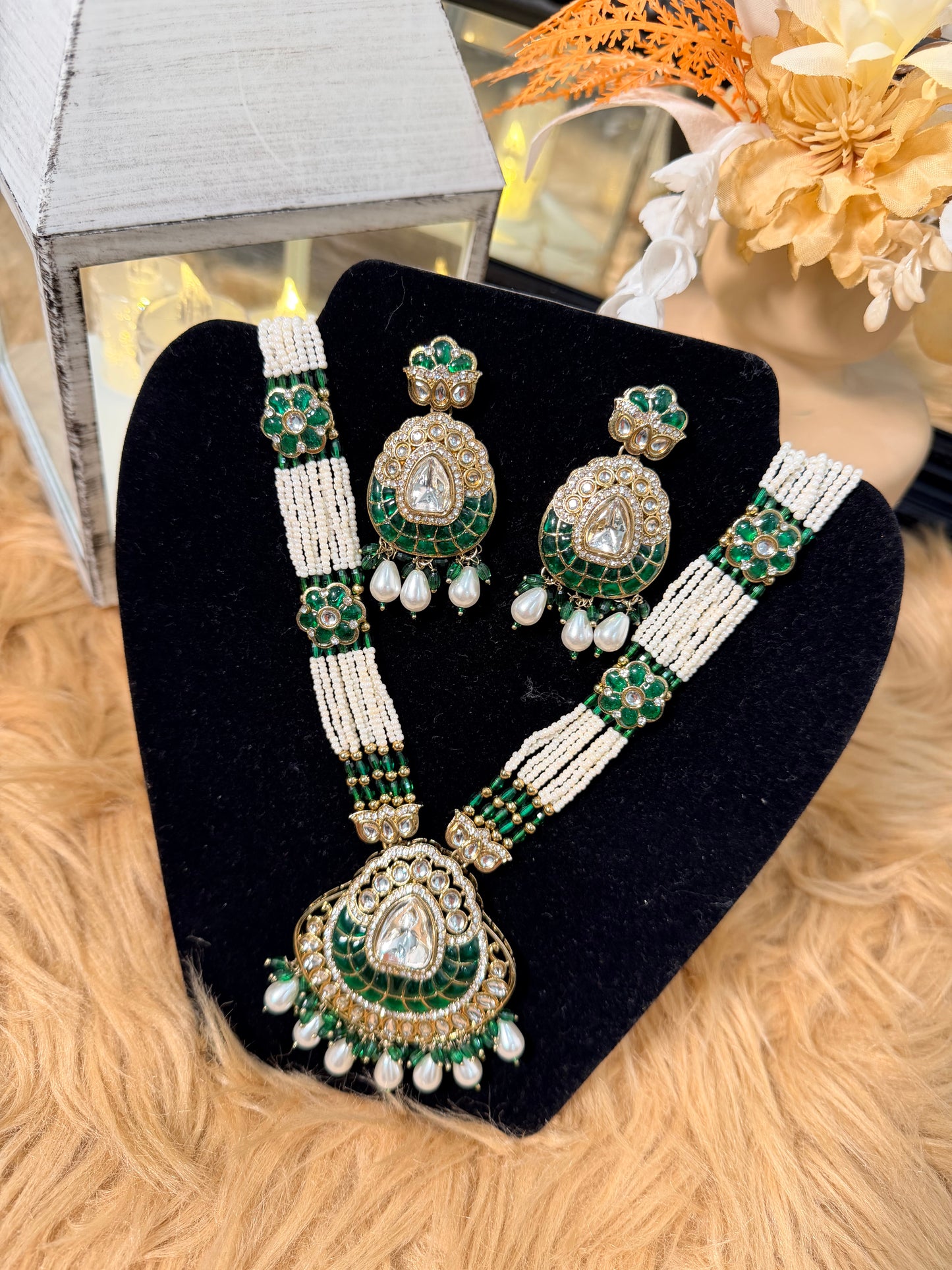 Emerald Green Polki Long Necklace & Earring Set / Raani haar