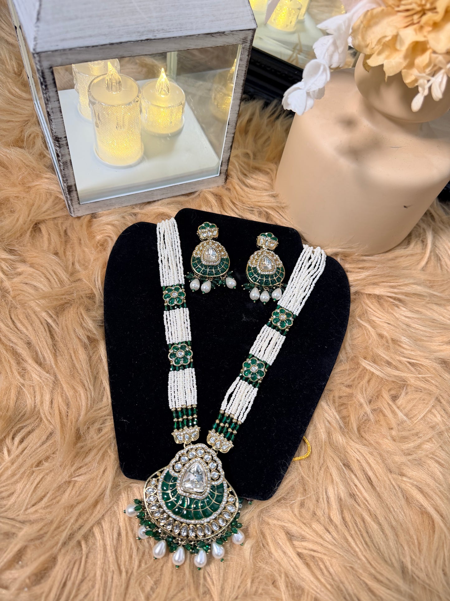 Emerald Green Polki Long Necklace & Earring Set / Raani haar