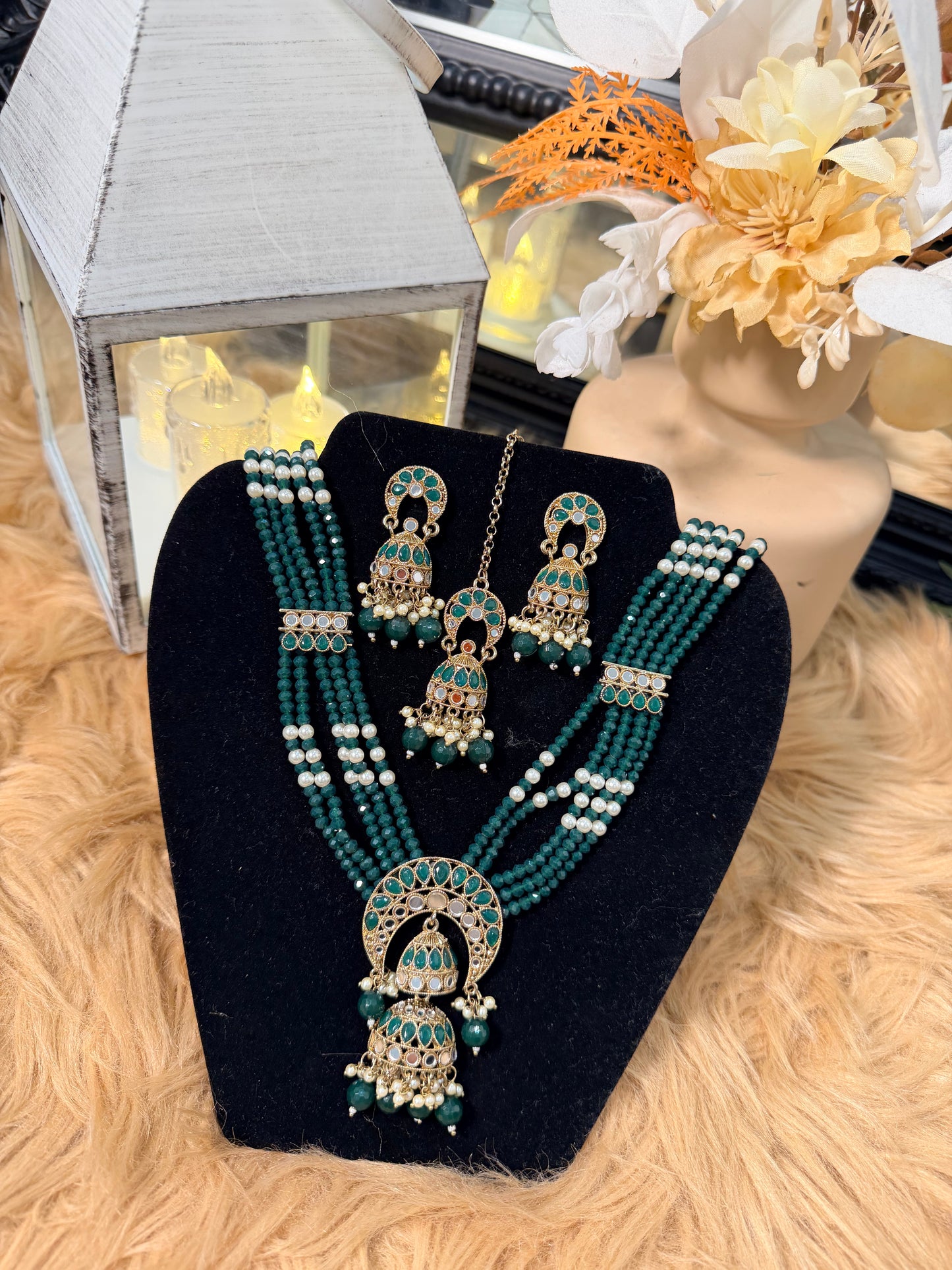 Emerald Green Crystal Jhumka Necklace, Earring & Tikka Set