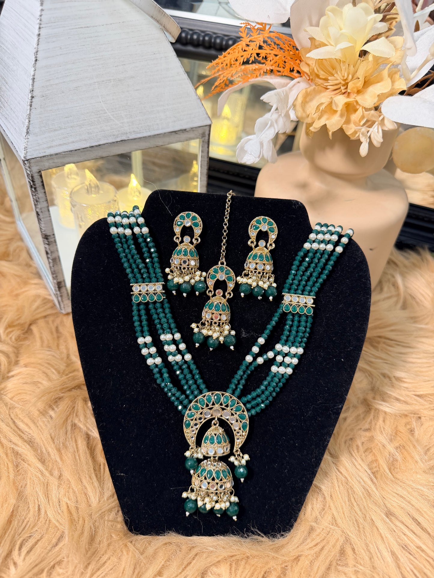 Emerald Green Crystal Jhumka Necklace, Earring & Tikka Set
