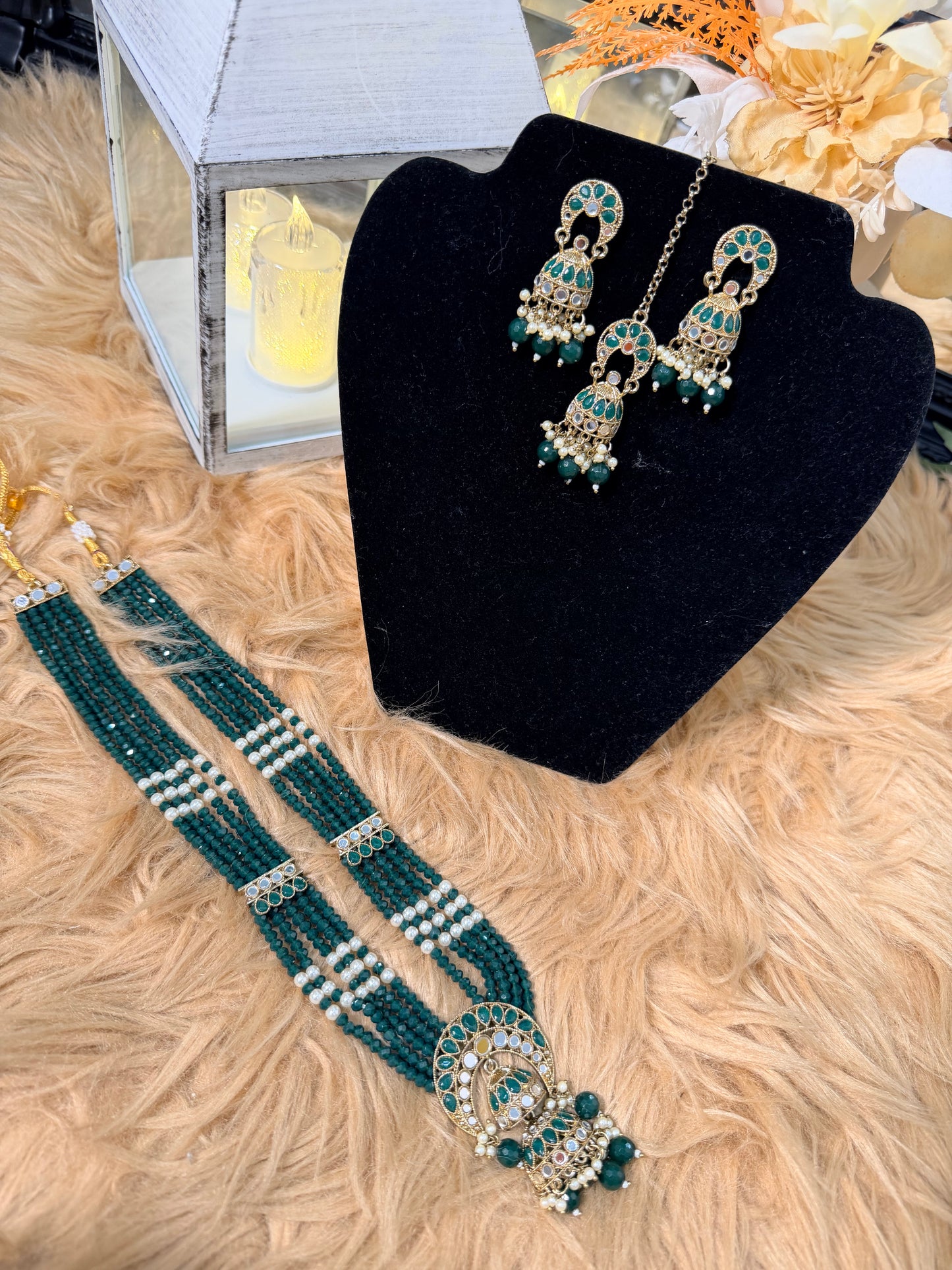 Emerald Green Crystal Jhumka Necklace, Earring & Tikka Set