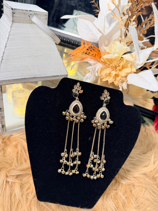 Black Onyx Ghungroo Tassel Drop Earrings