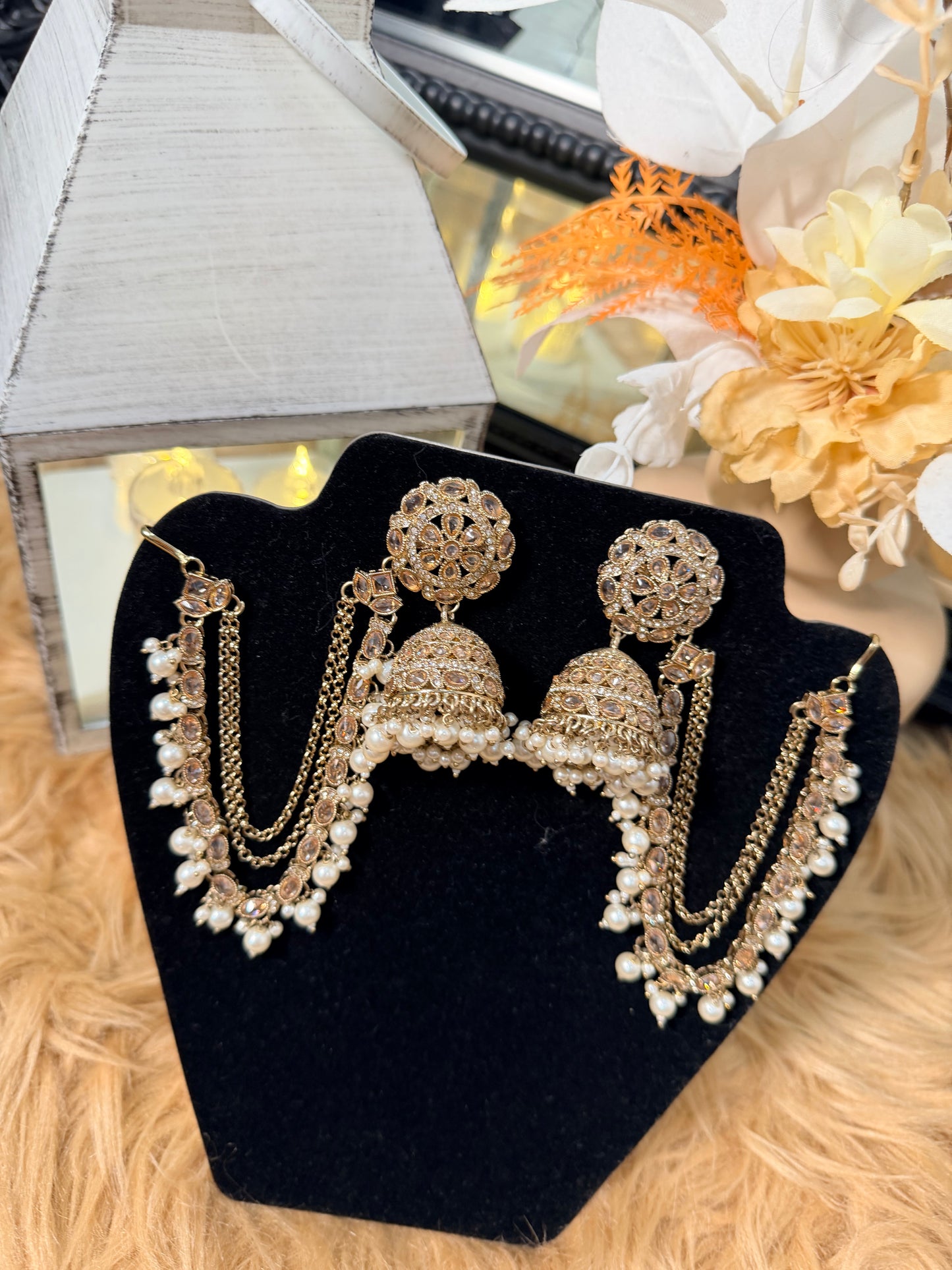 Jhumkis with Pearl Chain Drops & Tikka Set
