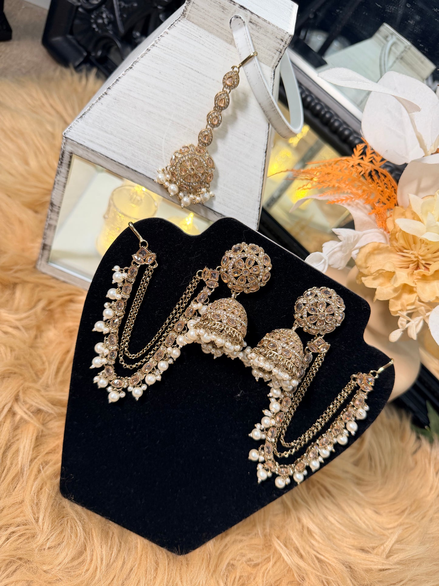 Jhumkis with Pearl Chain Drops & Tikka Set