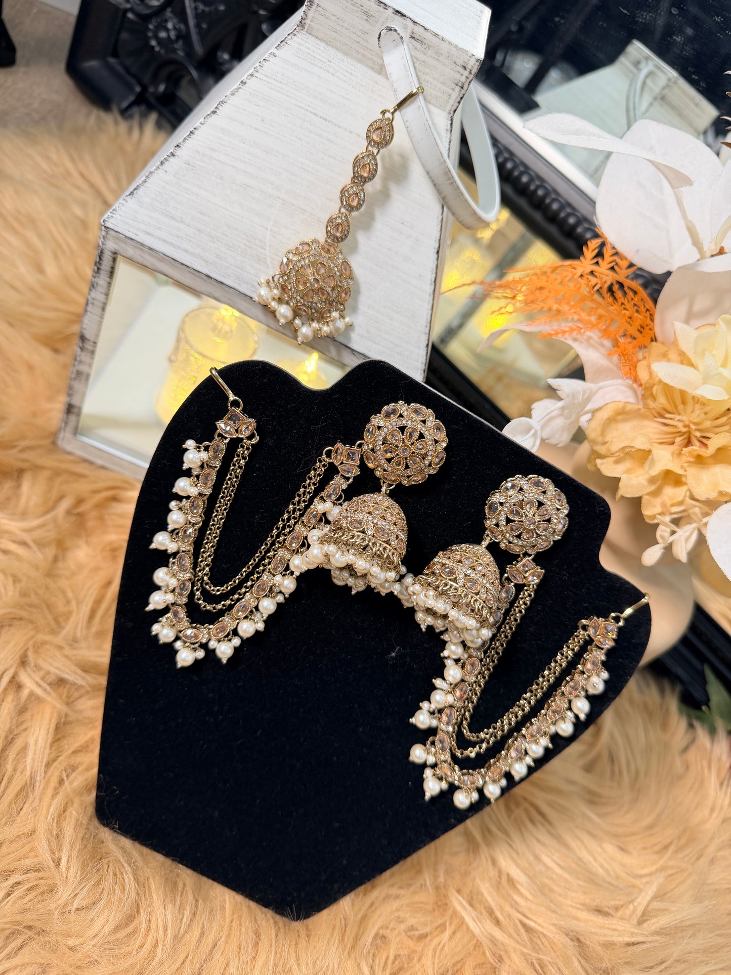 Jhumkis with Pearl Chain Drops & Tikka Set