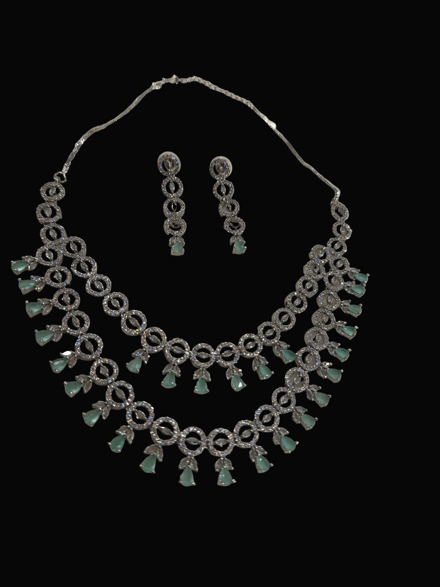 Mint Aqua AD Double Fringe Necklace Set