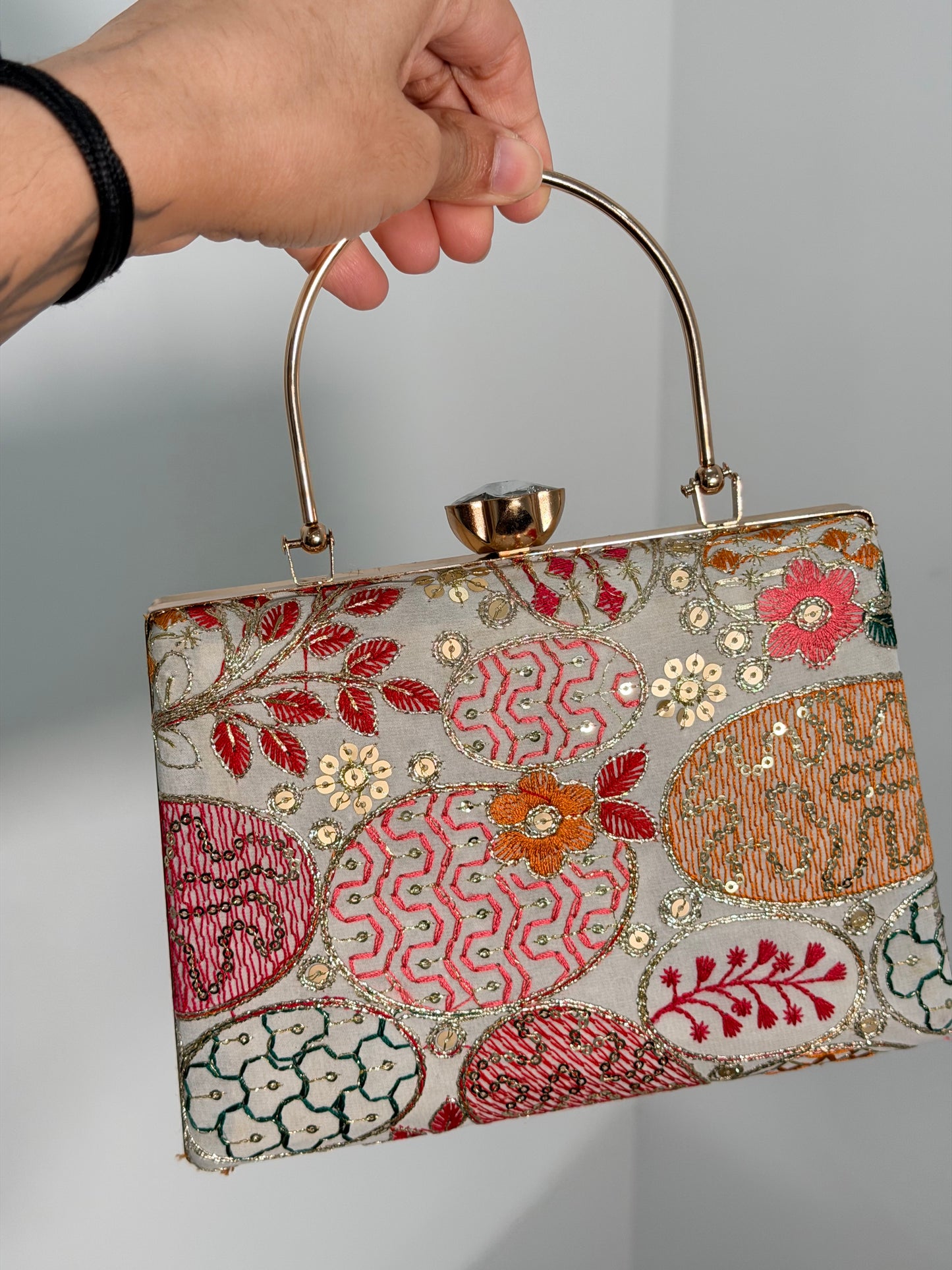 Cream Embroidered Box Clutch with Gold Handle