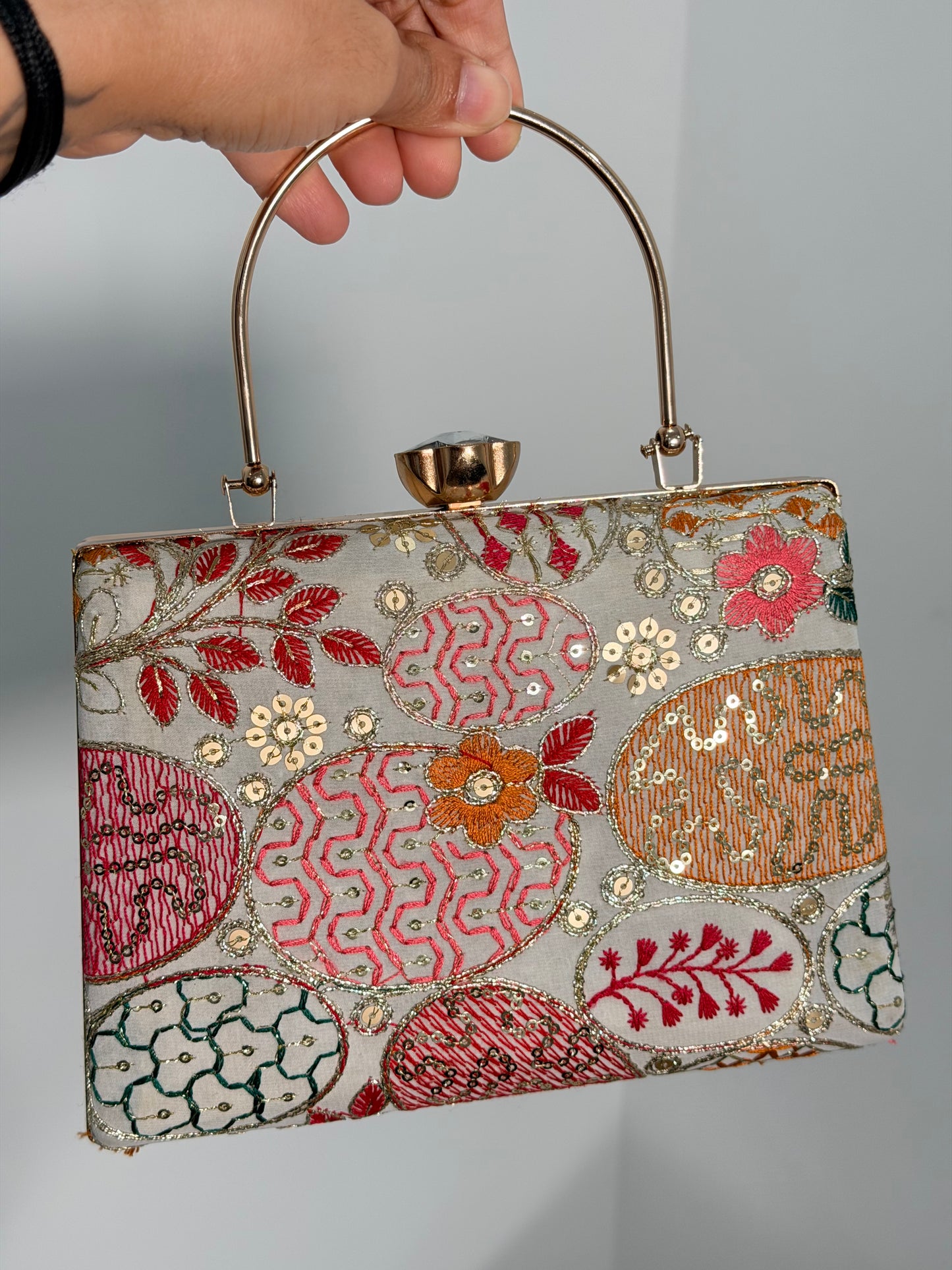 Cream Embroidered Box Clutch with Gold Handle