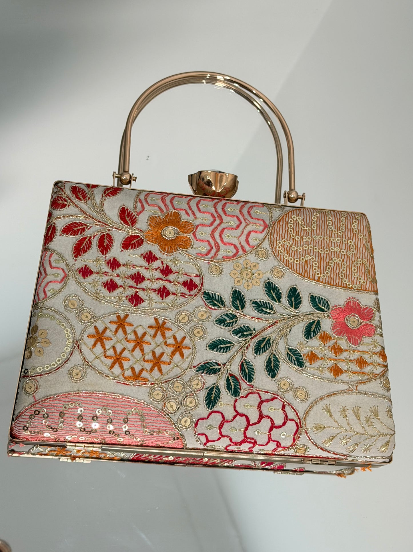 Cream Embroidered Box Clutch with Gold Handle
