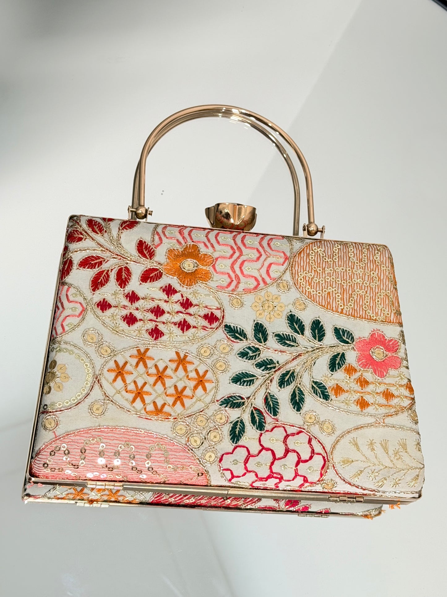 Cream Embroidered Box Clutch with Gold Handle