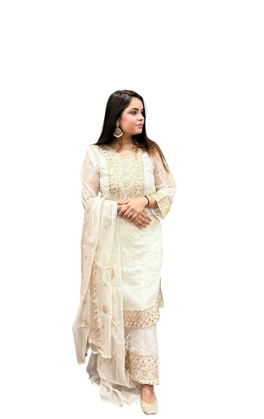 Off-White Gold Zari Embroidered Suit with Dupatta