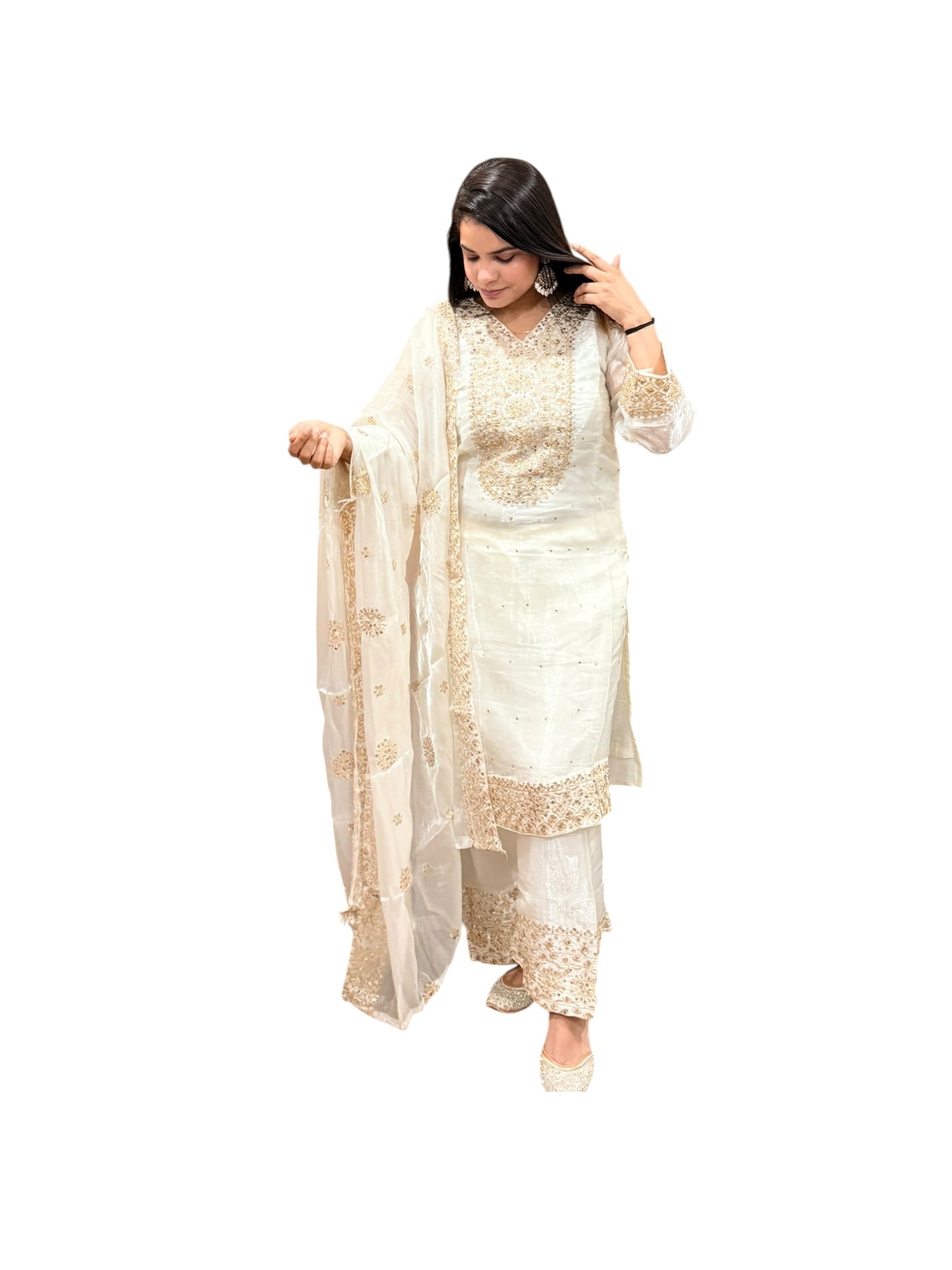 Off-White Gold Zari Embroidered Suit with Dupatta