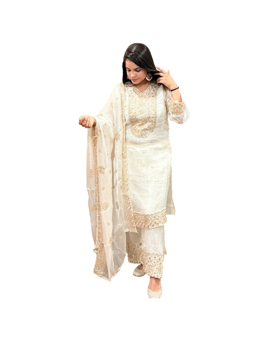 Off-White Gold Zari Embroidered Suit with Dupatta