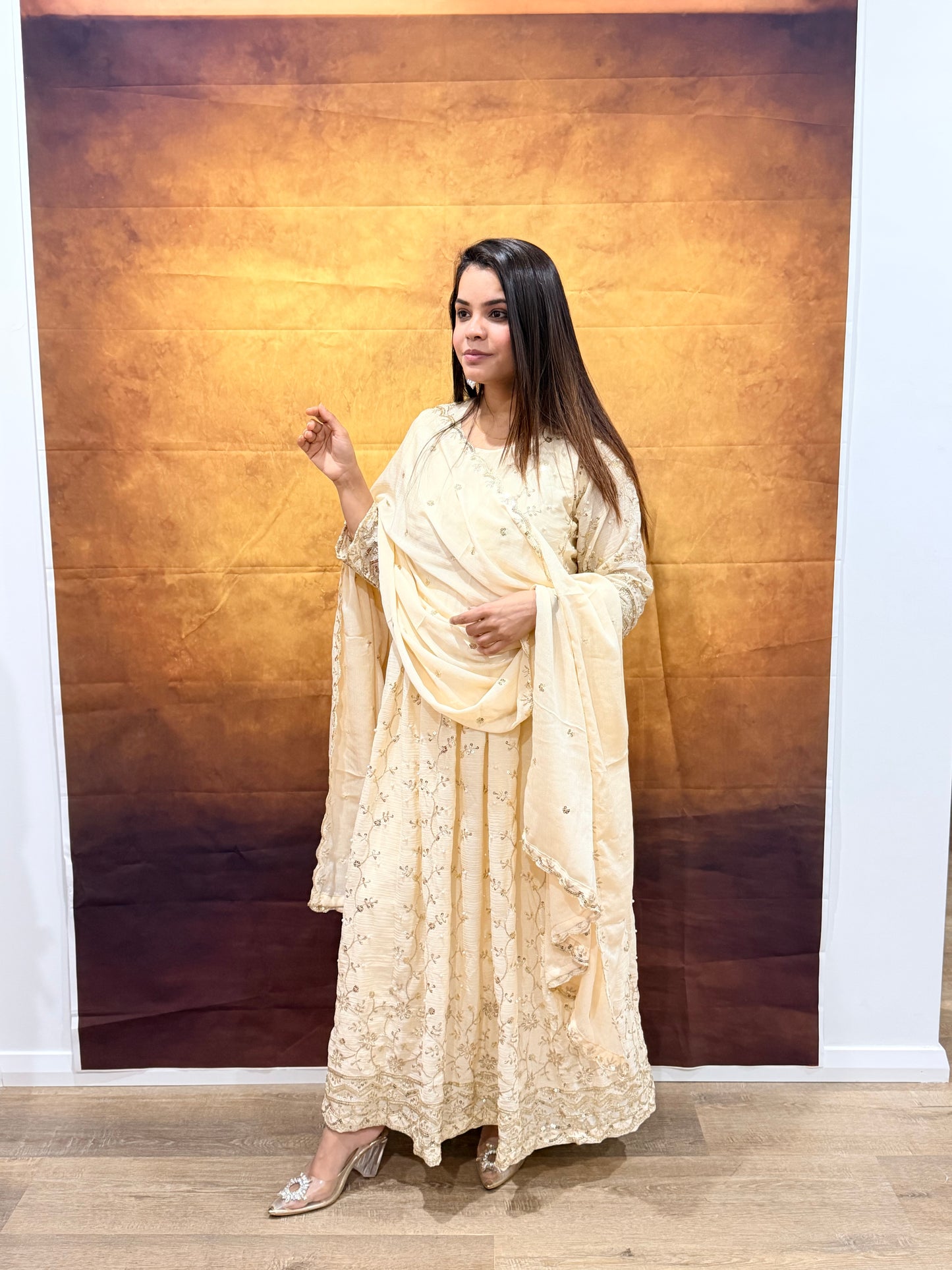 Cream Embroidered Anarkali Suit Set with Dupatta