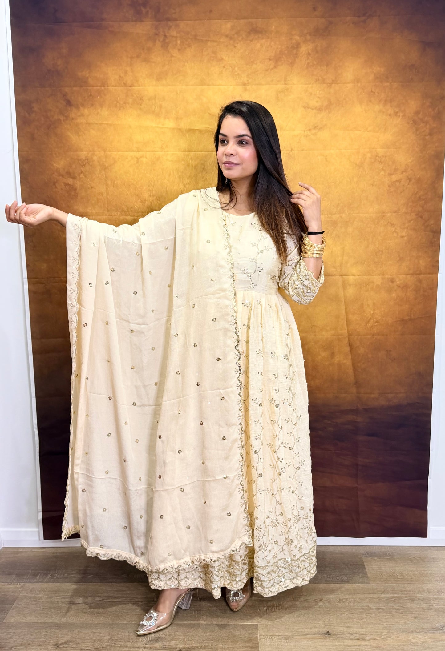 Cream Embroidered Anarkali Suit Set with Dupatta