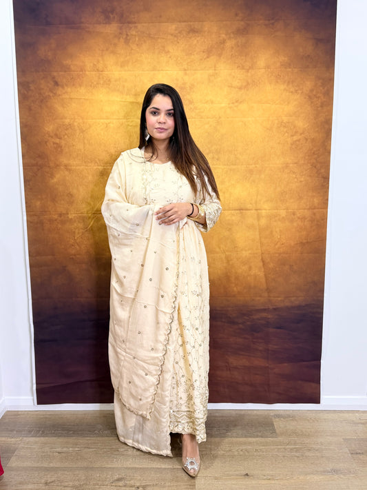 Cream Embroidered Anarkali Suit Set with Dupatta