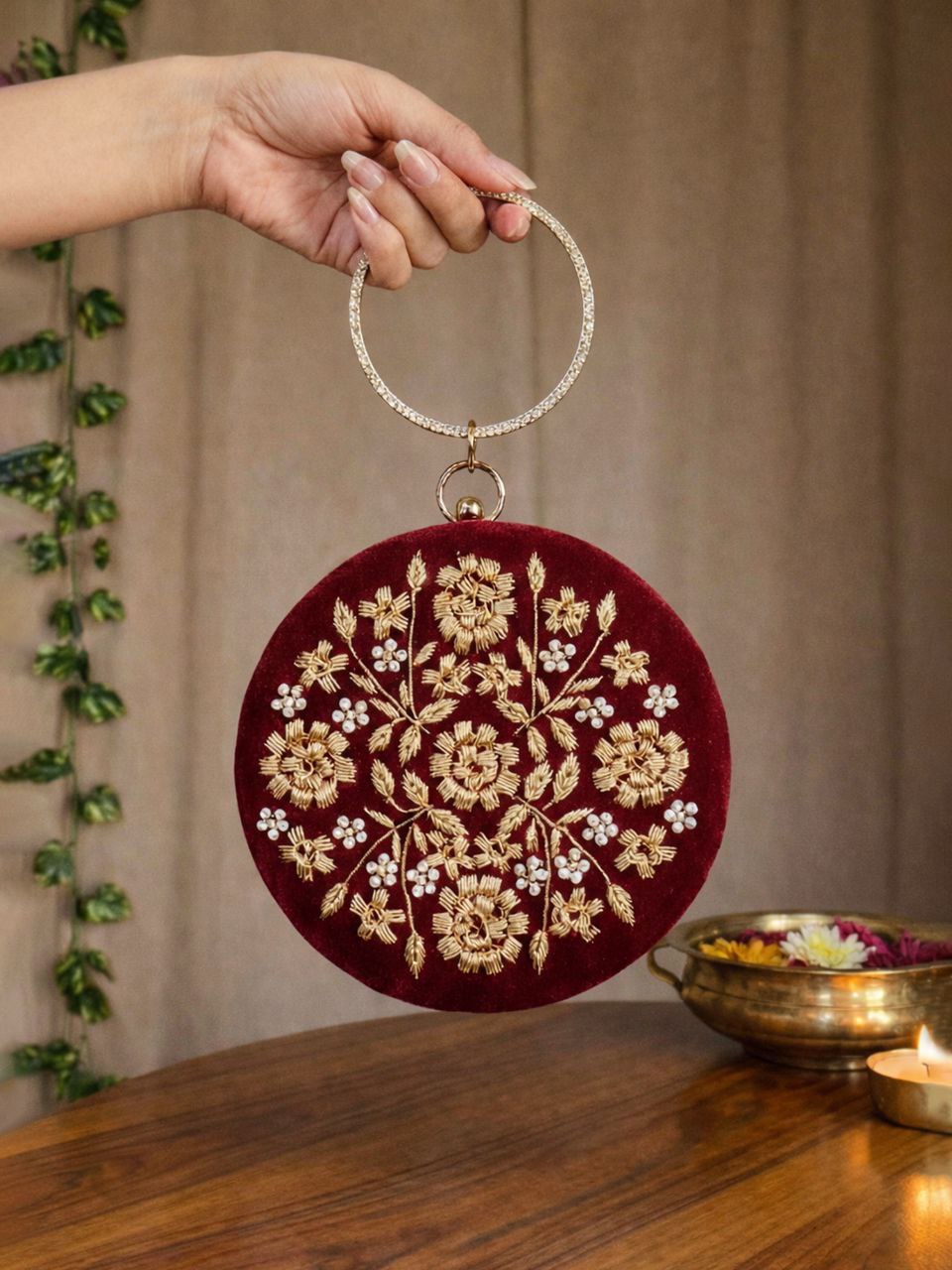 Round Handwork Velvet Clutch / Bridal Clutch