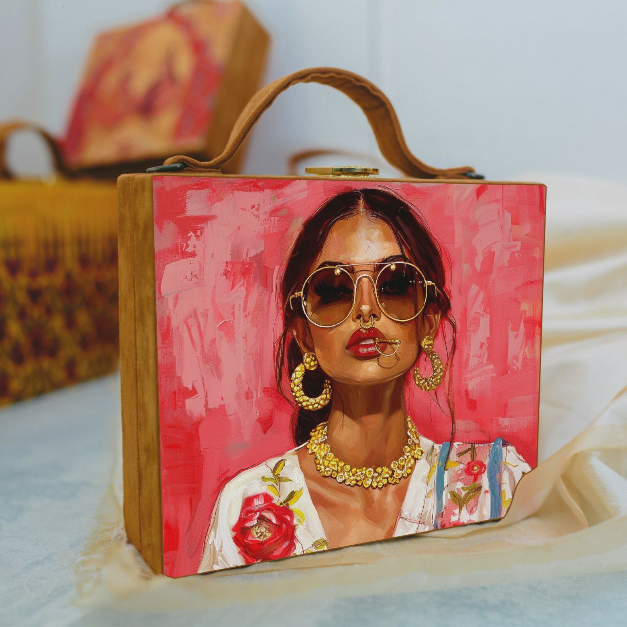 Suitcase Style Printed Satin Clutch