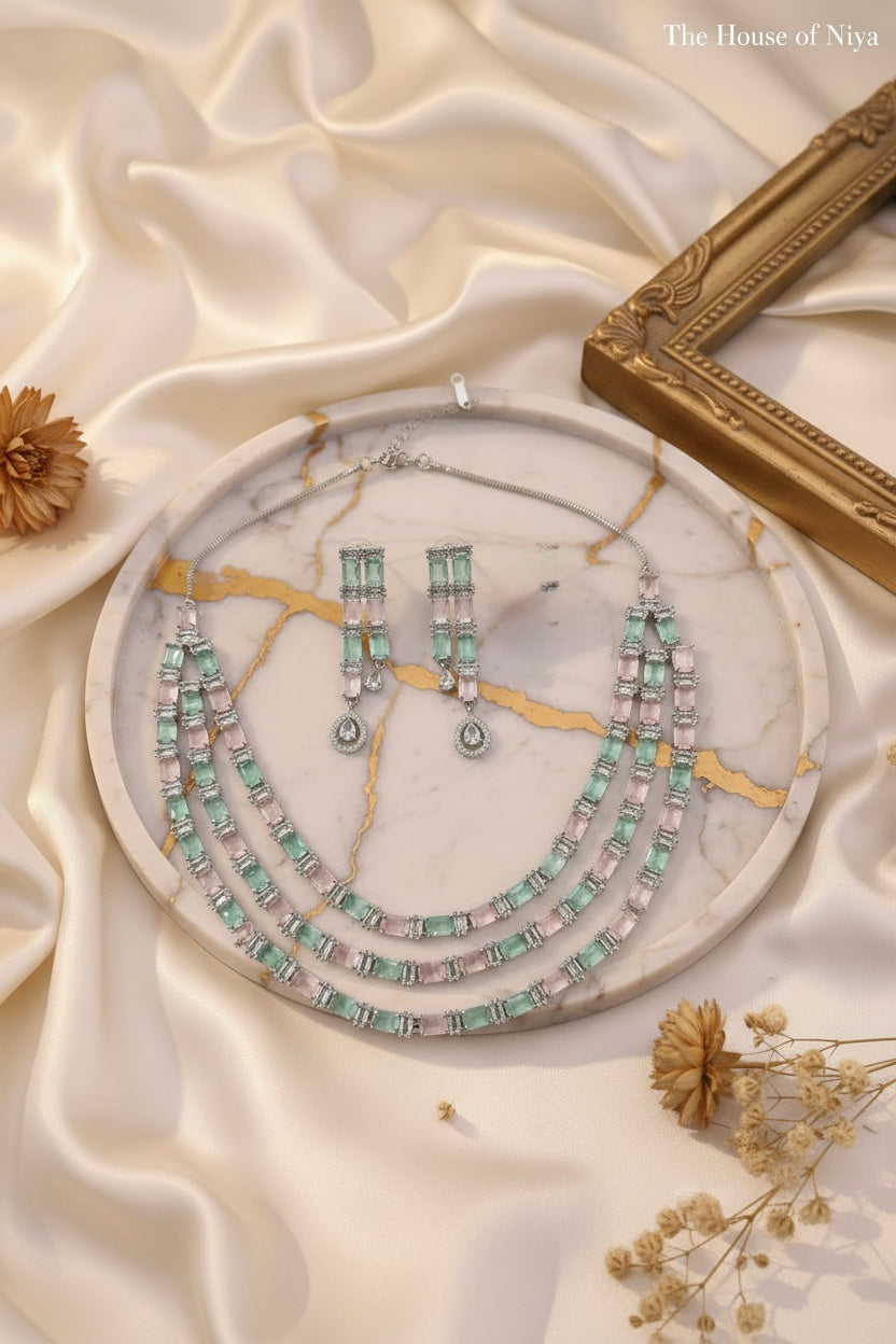 Mint Aqua & Blush Triple Strand AD Necklace Set