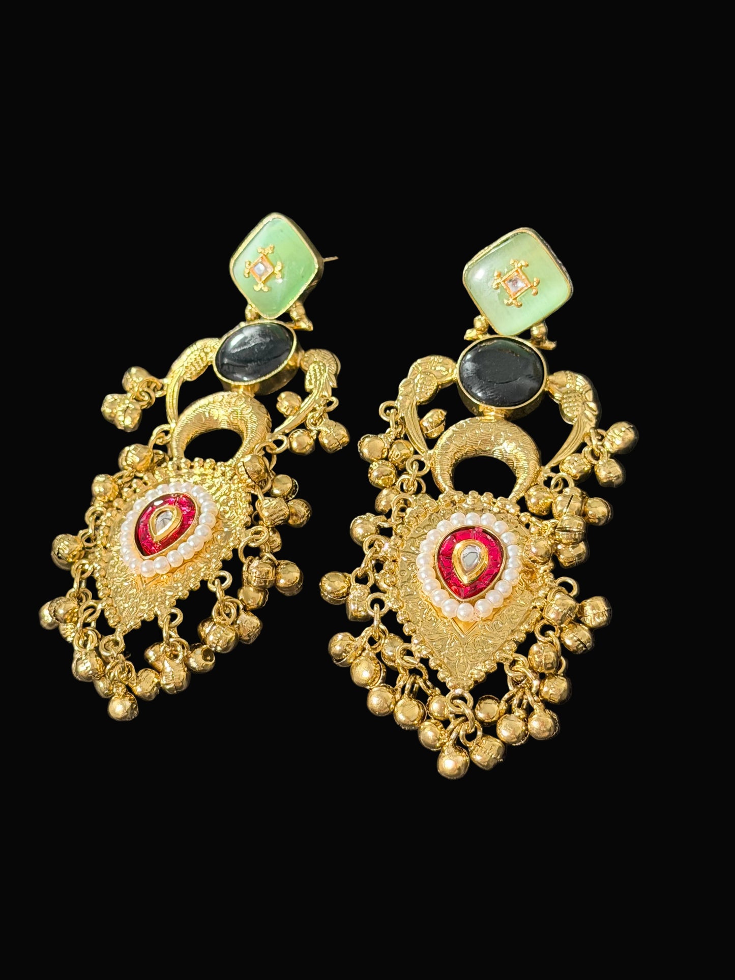 Antique Gold Mint & Ruby Meenakari Kashmiri Chandelier Earrings