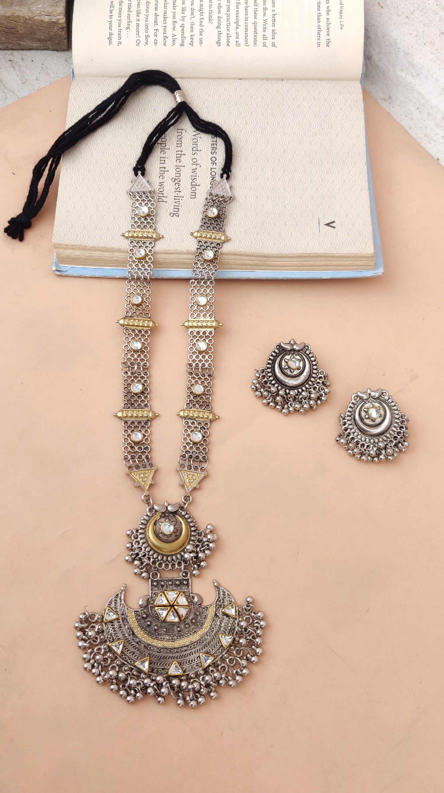 Dual Tone Afghani Long Necklace Set with Crescent Moon Pendant