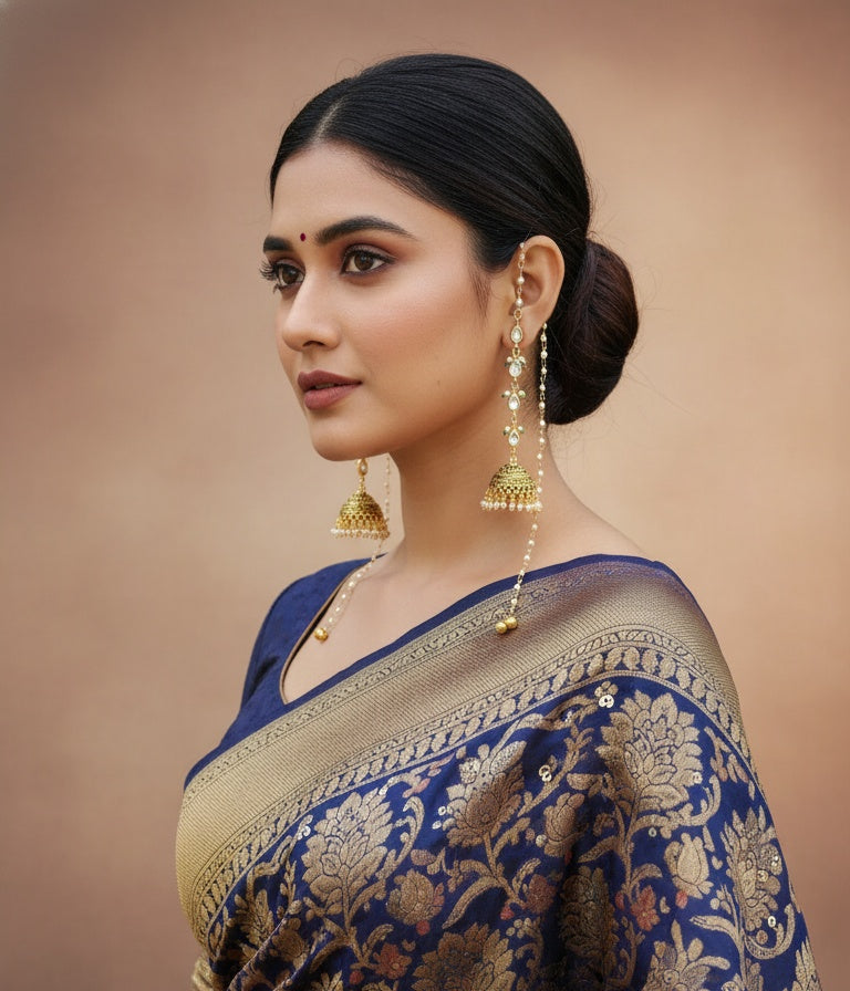 Gold Pearl Jhumka Earrings with Ear Chain
