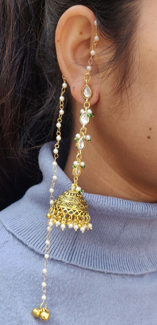Gold Pearl Jhumka Earrings with Ear Chain