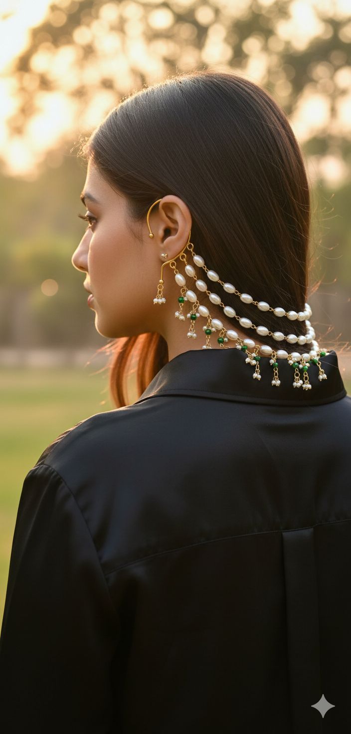 Pearl & Green Bead 3-Strand Hair Ear Cuff Accessory