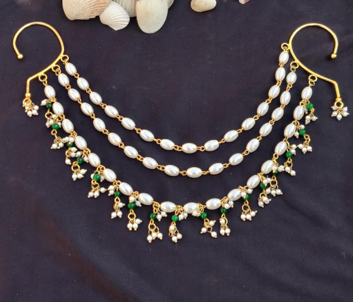 Pearl & Green Bead 3-Strand Hair Ear Cuff Accessory