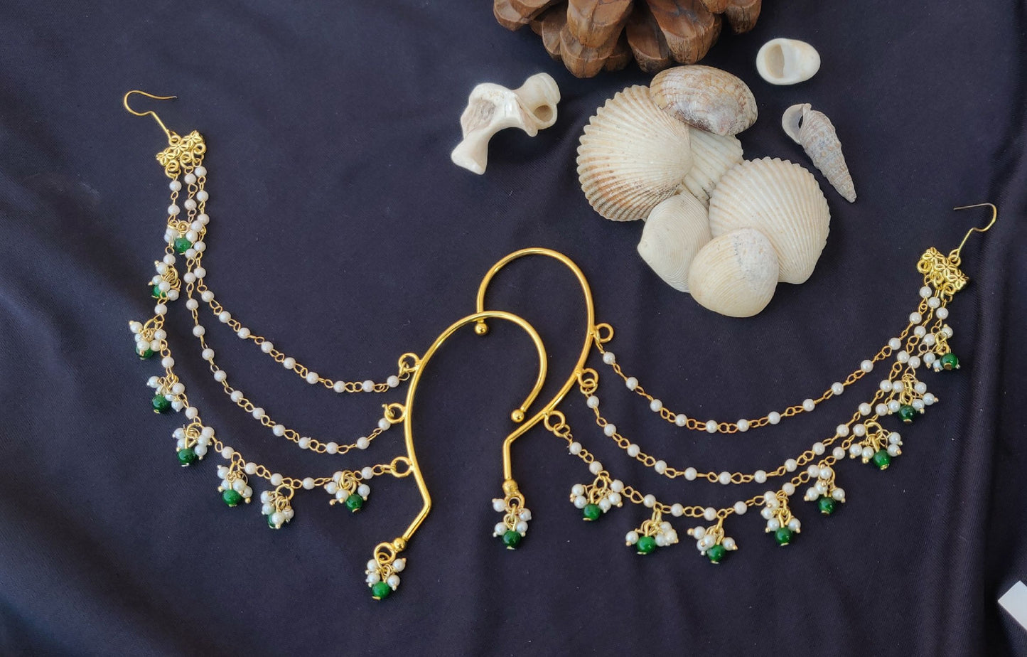 Gold Plated Pearl & Green Bead Ear Chain Earrings